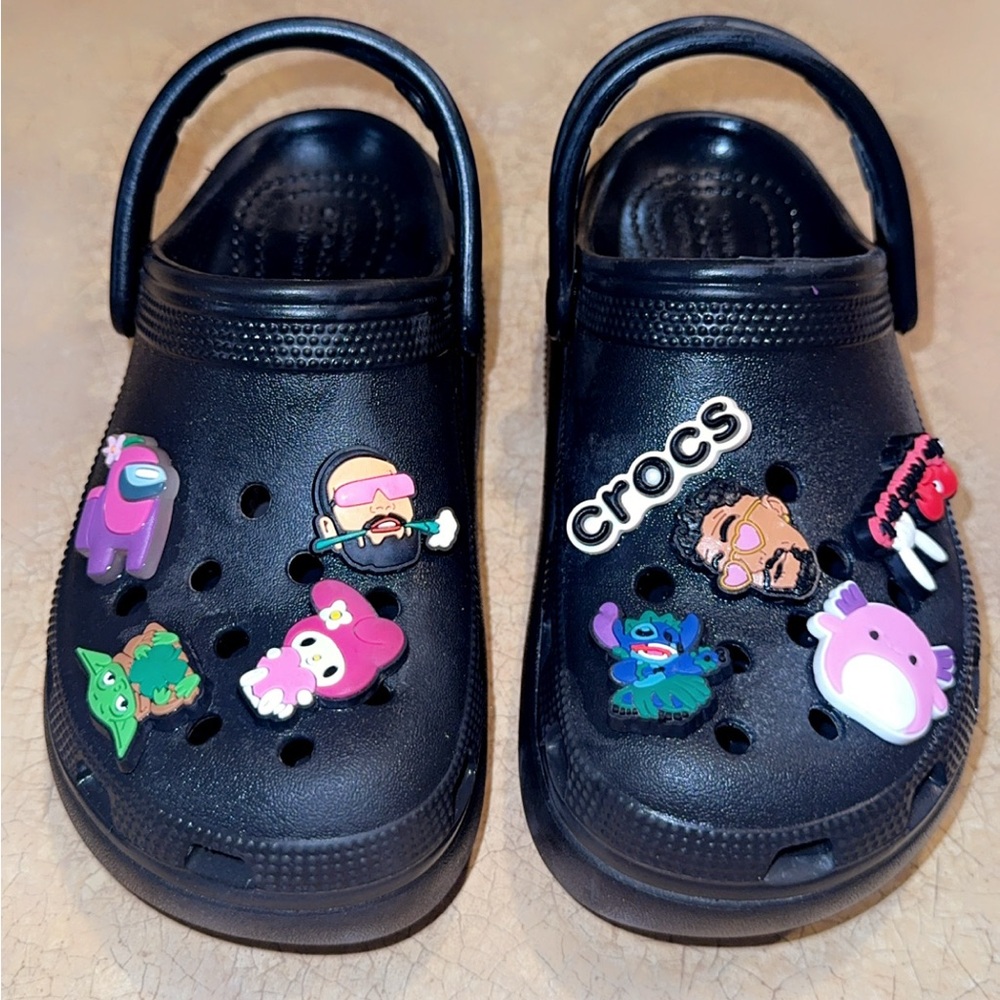 CROCS Black Clogs with Colorful Charms